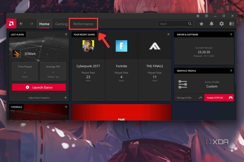 A screenshot showing the highlighted Performance tab on AMD Radeon software.
