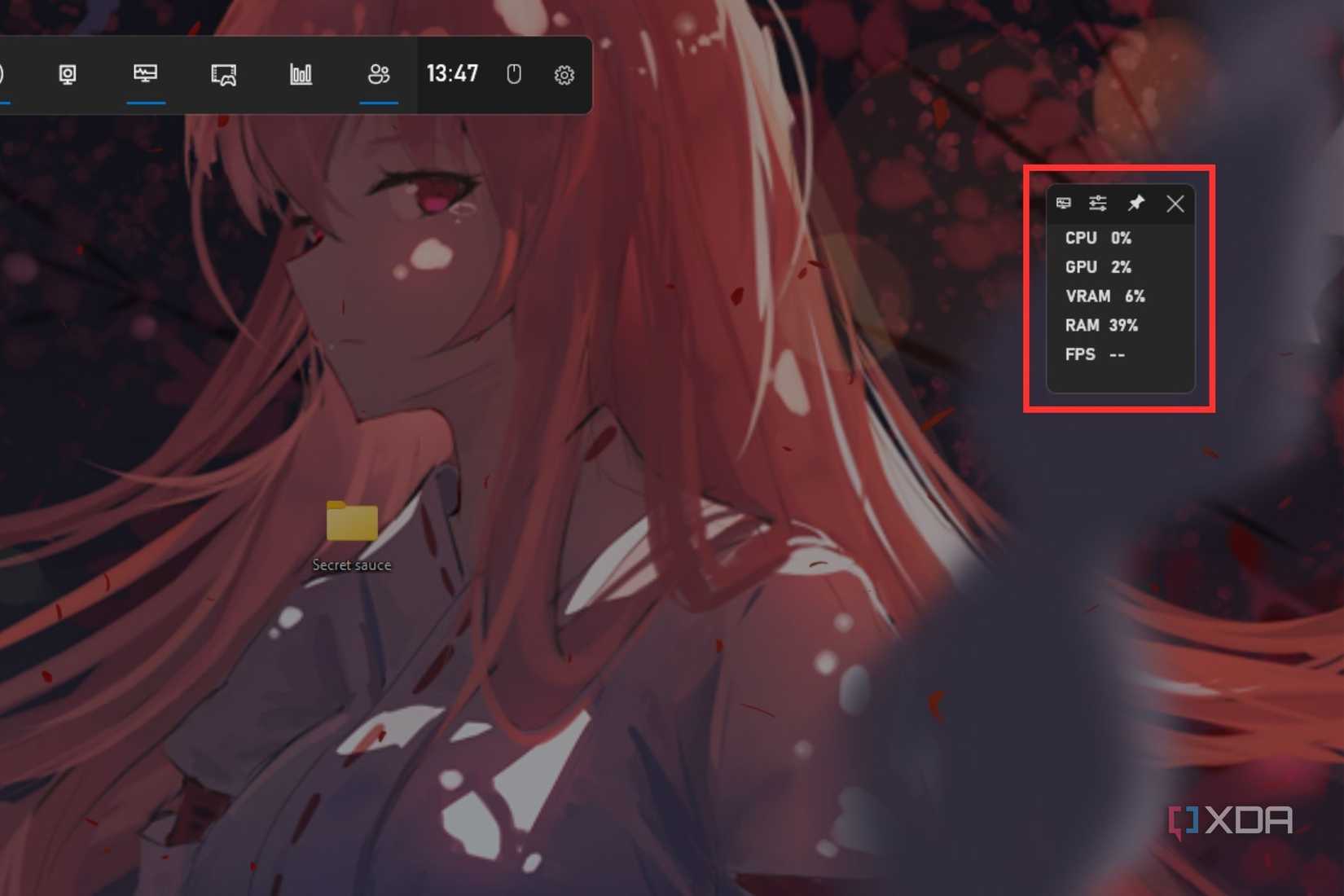 A screenshot showing the highlighted performance window displaying the performance metrics on the Xbox Game bar.