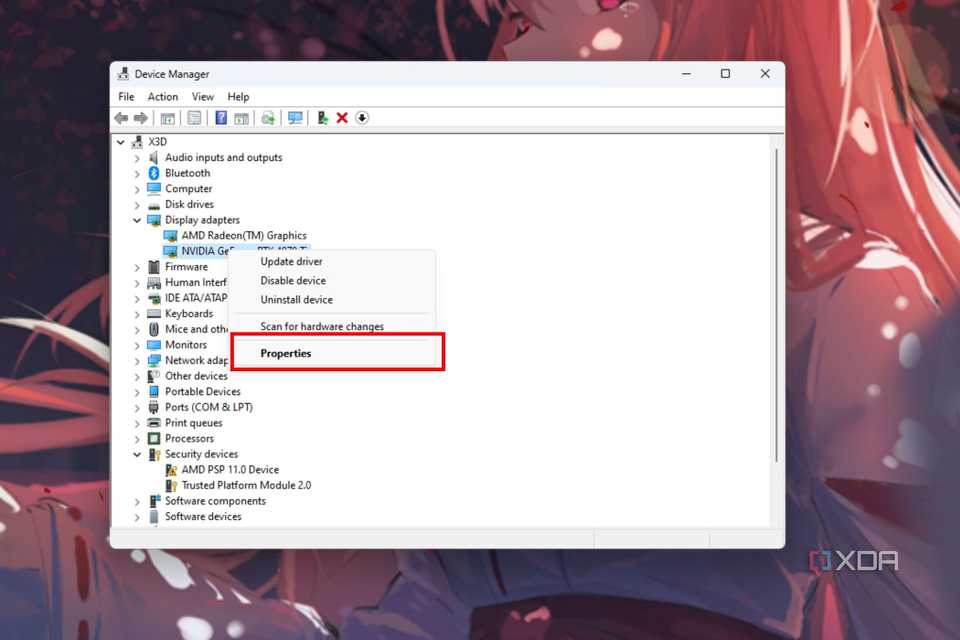 A screenshot showing the highlighted Properties option in Windows Device Manager utility.