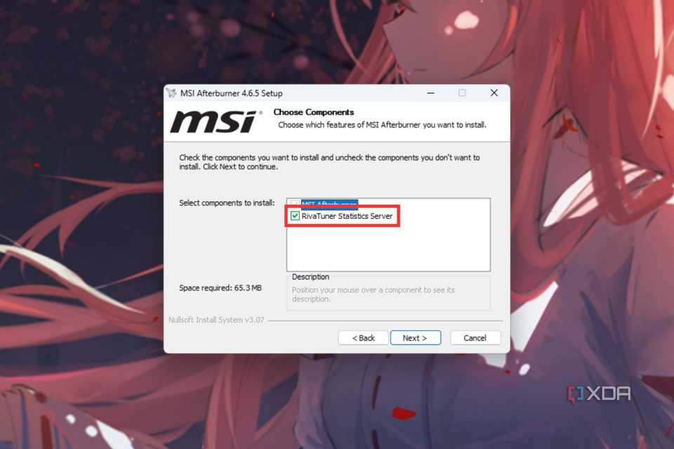 A screenshot showing the highlighted RivaTuner Statistics Server checkbox in Afterburner setup window.