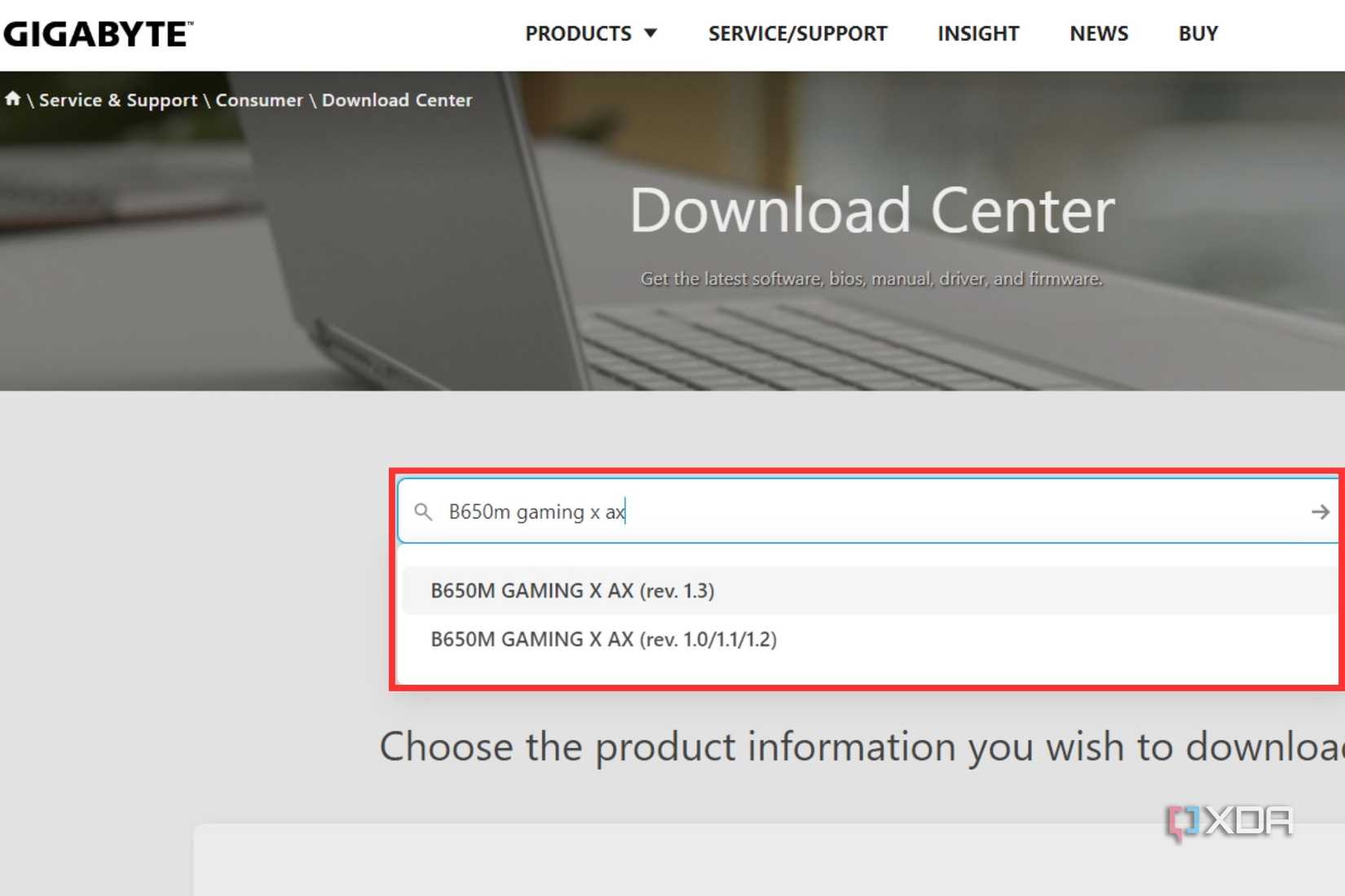 An image showing the highlighted search bar with motherboard name.
