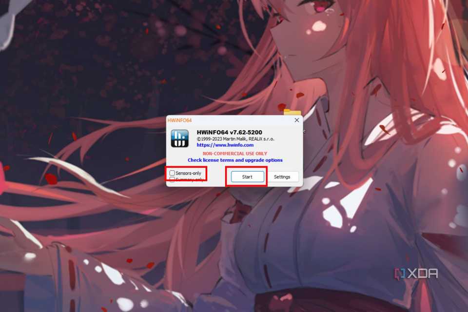A screenshot showing the highlighted Sensors only and Start button in HWiNFO64 app.
