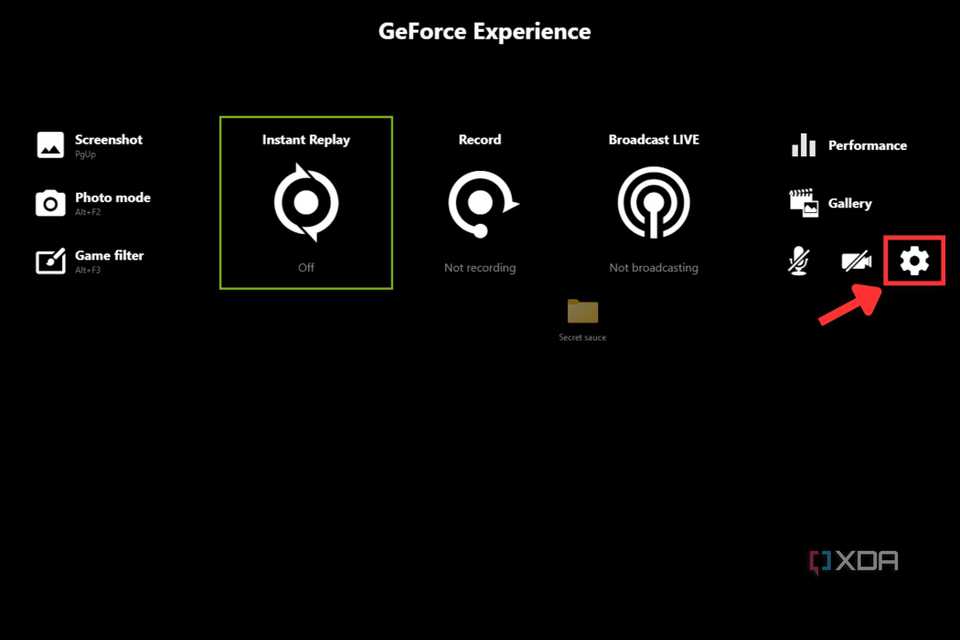 A screenshot showing the highlighted settings button in Nvidia GeForce Experience overlay.