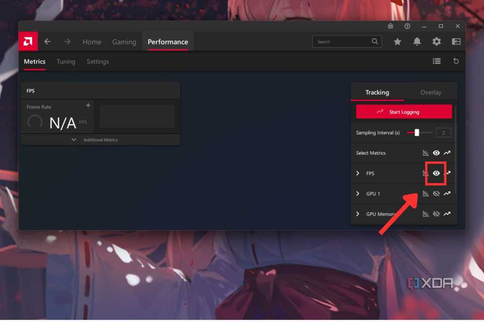 A screenshot showing the highlighted show metrics button in amd software's tracking tab.