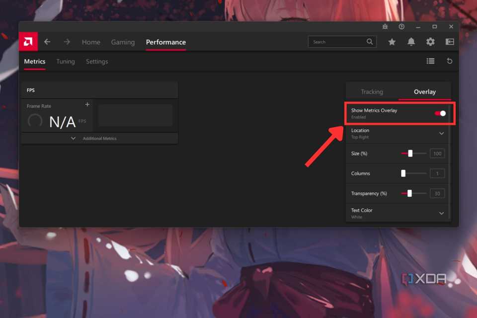 A screenshot showing the highlighted Show Metrics Overlay toggle in AMD Radeon software.