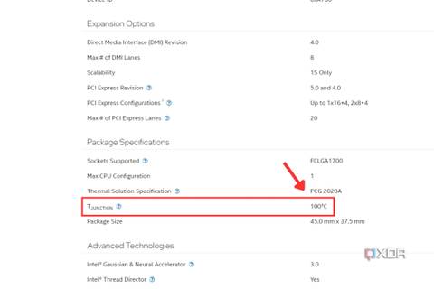 An image showing the highlighted Tjunction value of Intel Core i5-14600K on its specs sheet.