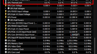 Screenshot of HWiNFO sensor information with GPU temperatures highlighted