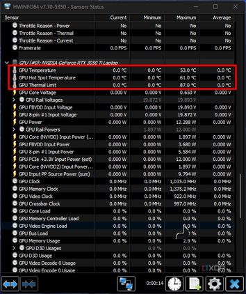 Screenshot of HWiNFO sensor information with GPU temperatures highlighted