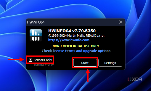 HWiNFO launcher with sensors-only option and Start button highlighted