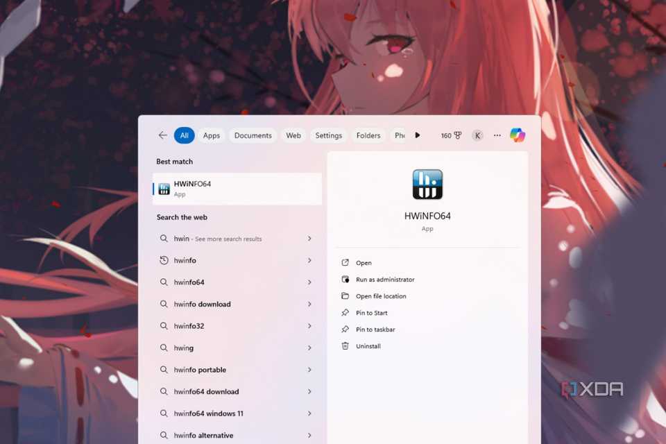 A screenshot showing the HWiNFO on start menu.