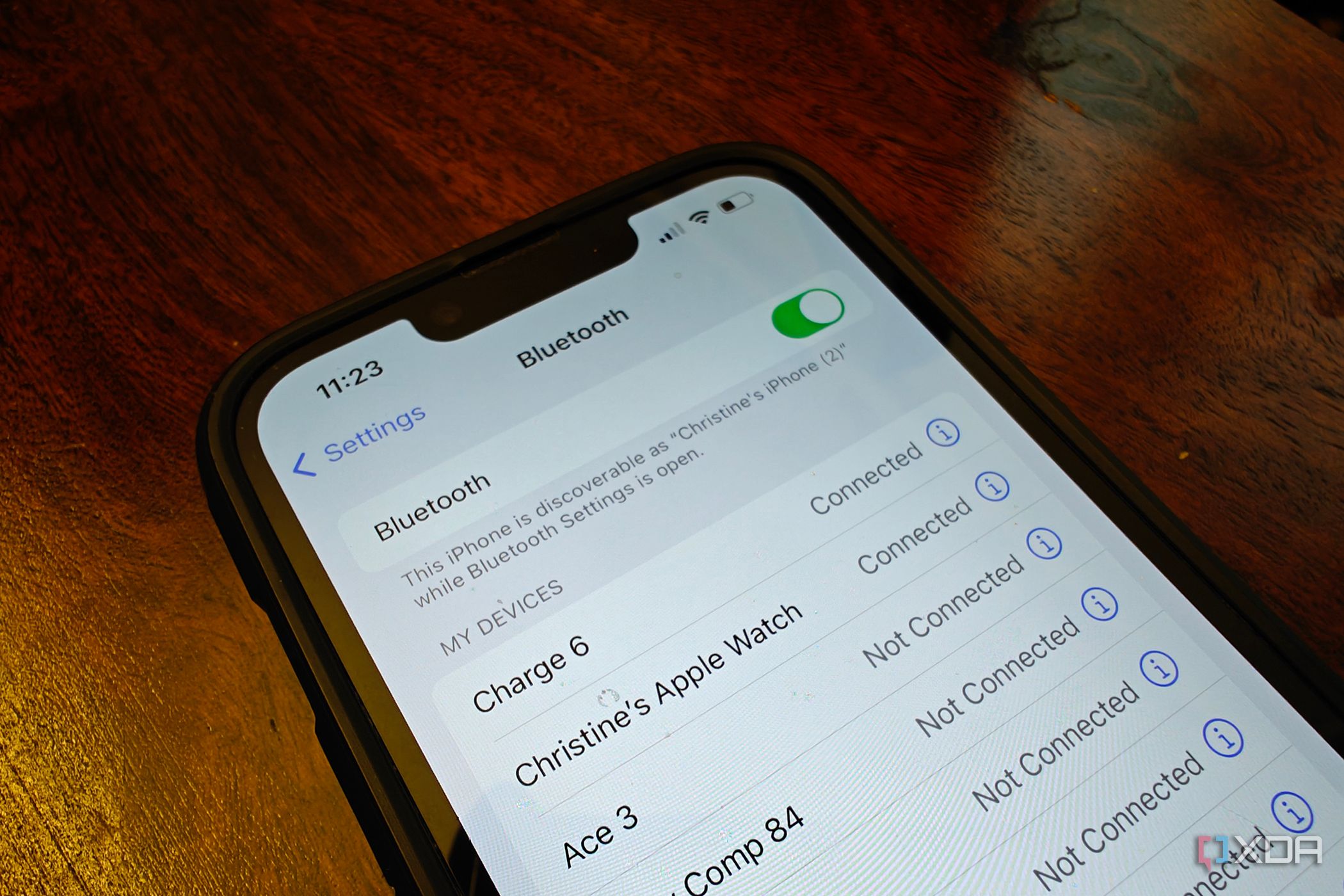 An iPhone showing the Bluetooth menu and on.