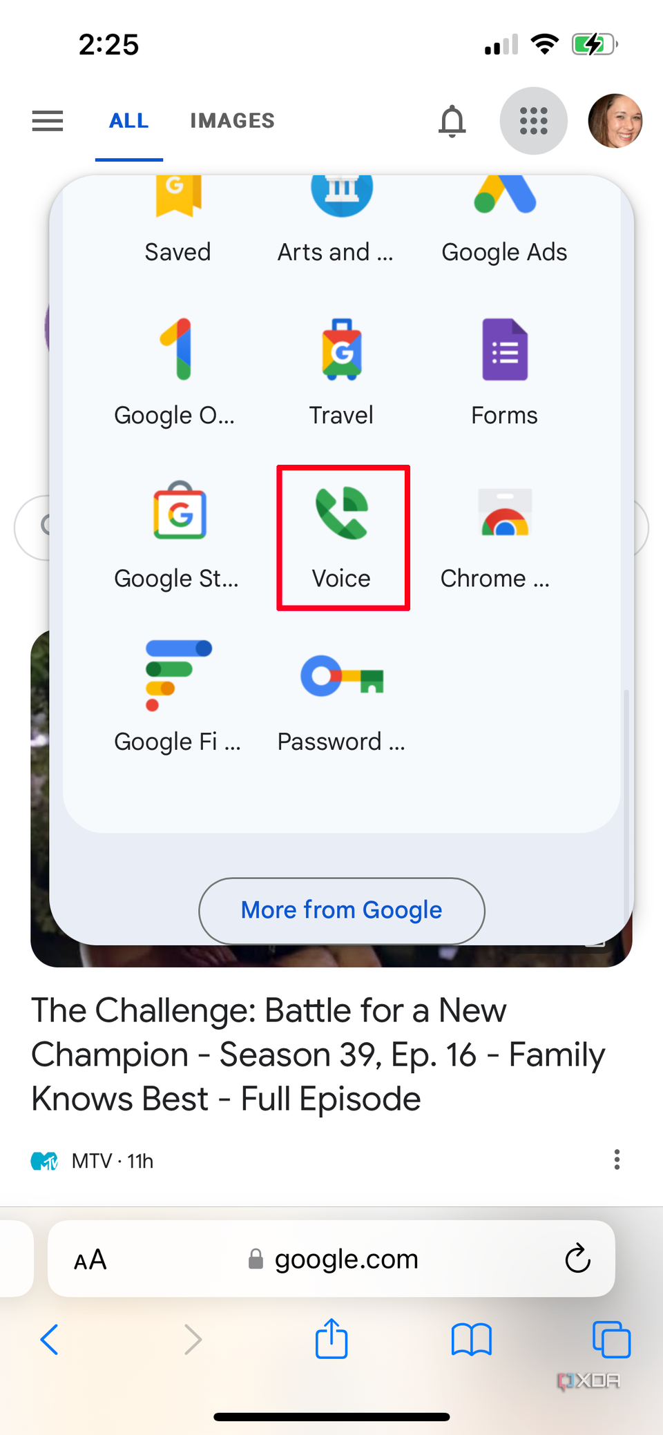 Google services menu with Voice selected.