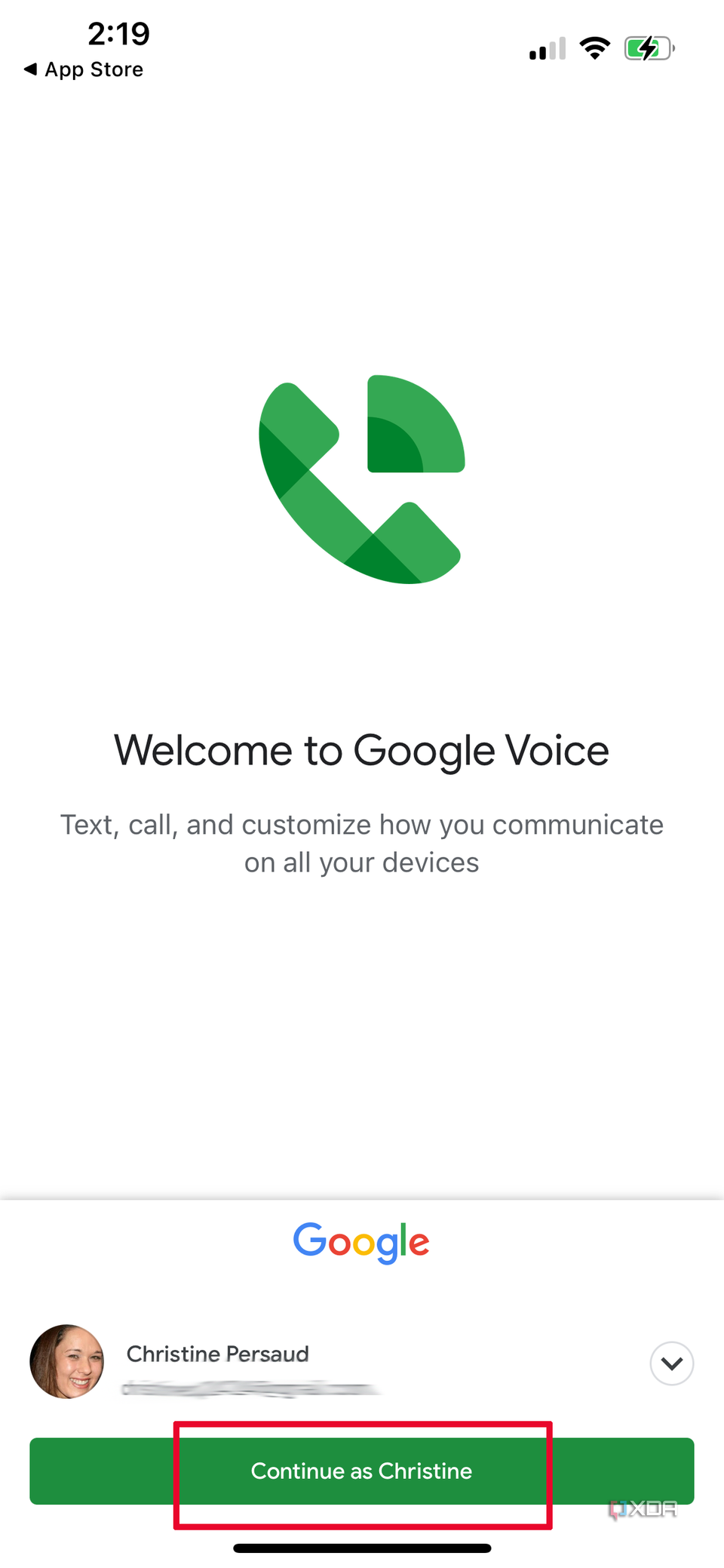 Welcome to Google Voice screen with Continue as Christine selected.