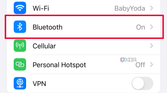 iPhone Settings Menu with Bluetooth selected.