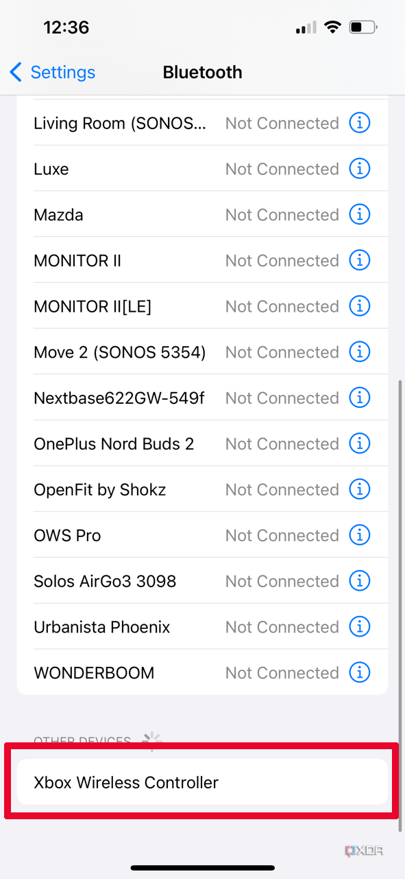 A list of connected and not connected Bluetooth devices to an iPhone, with Xbox Wireless Controller selected.
