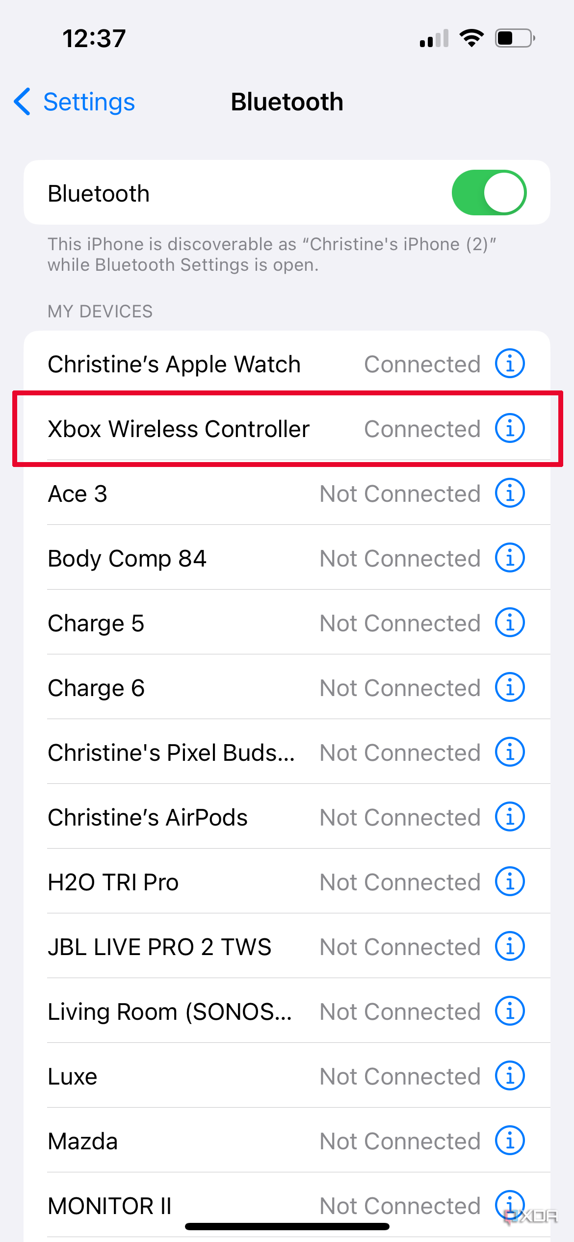 A Bluetooth menu on iPhone showing an Xbox Wireless Controller connected.