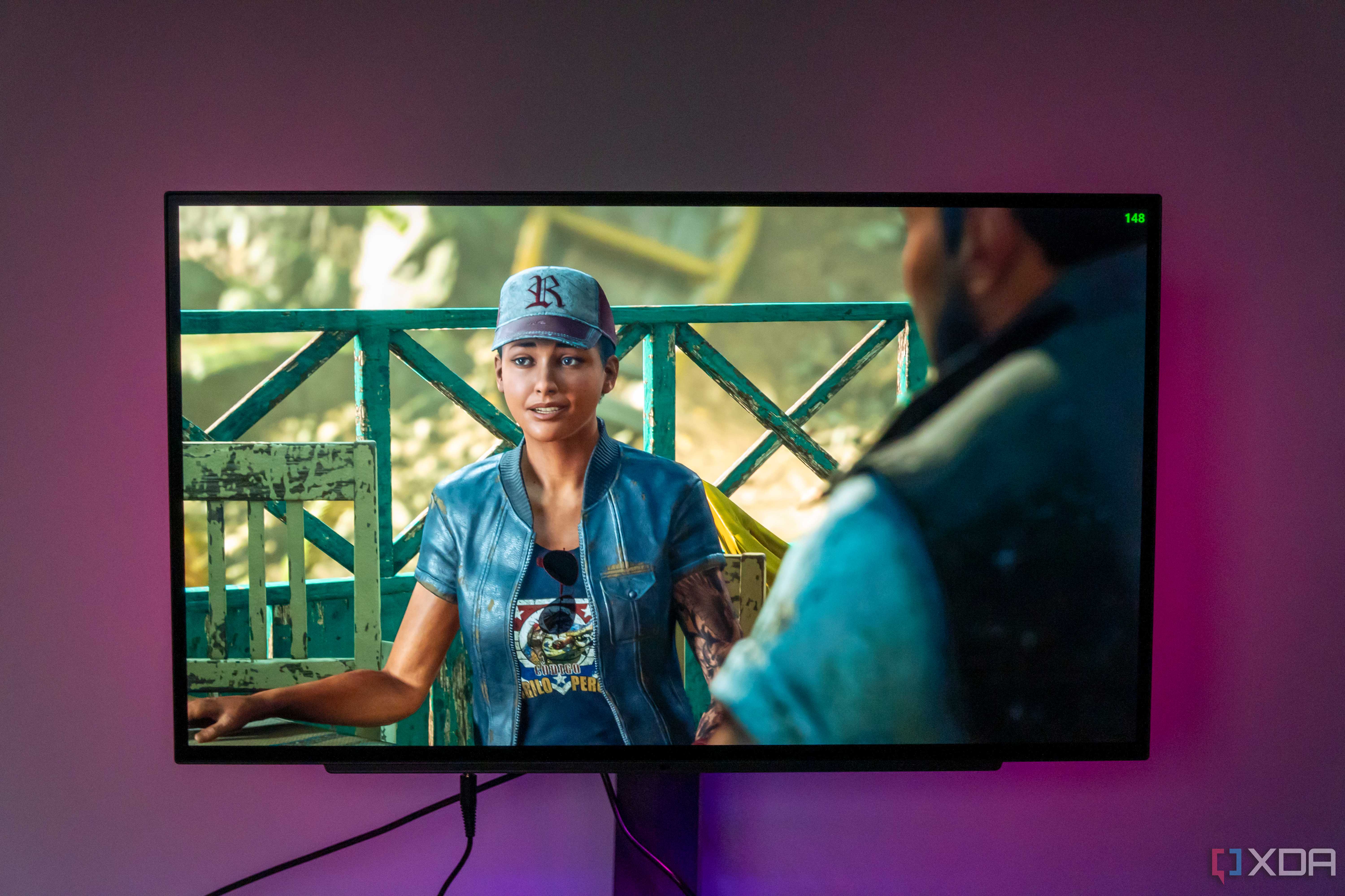 Front view of a wom,an in Shadow of the Tomb Raider played on the LG UltraGear 27GR95QE
