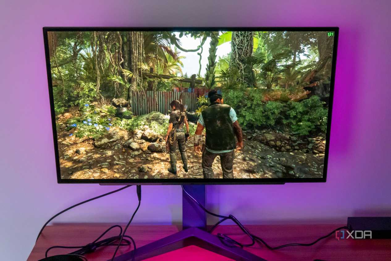Front view of the LG UltraGear 27GR95QE playing Shadow of the Tomb Raider