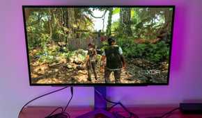 Front view of the LG UltraGear 27GR95QE playing Shadow of the Tomb Raider