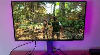 Front view of the LG UltraGear 27GR95QE playing Shadow of the Tomb Raider