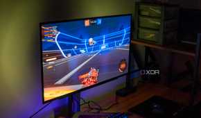 Left angled view of an LG UltraGear 27GR95QE monittor playing Rocket League