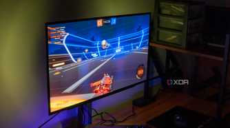 Left angled view of an LG UltraGear 27GR95QE monittor playing Rocket League