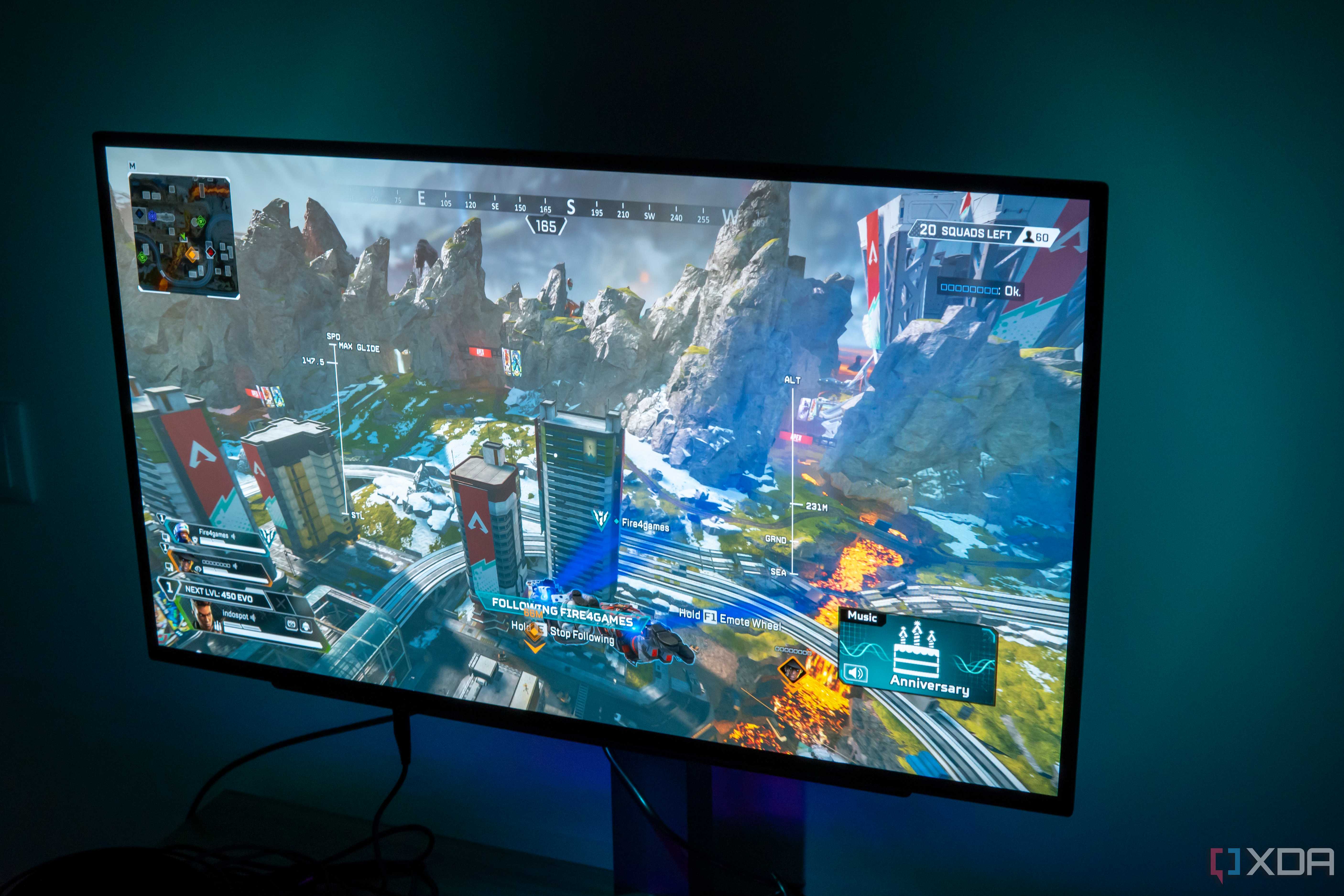 Angled view of the LG UltraGear 27GR95QE playing Apex Legends