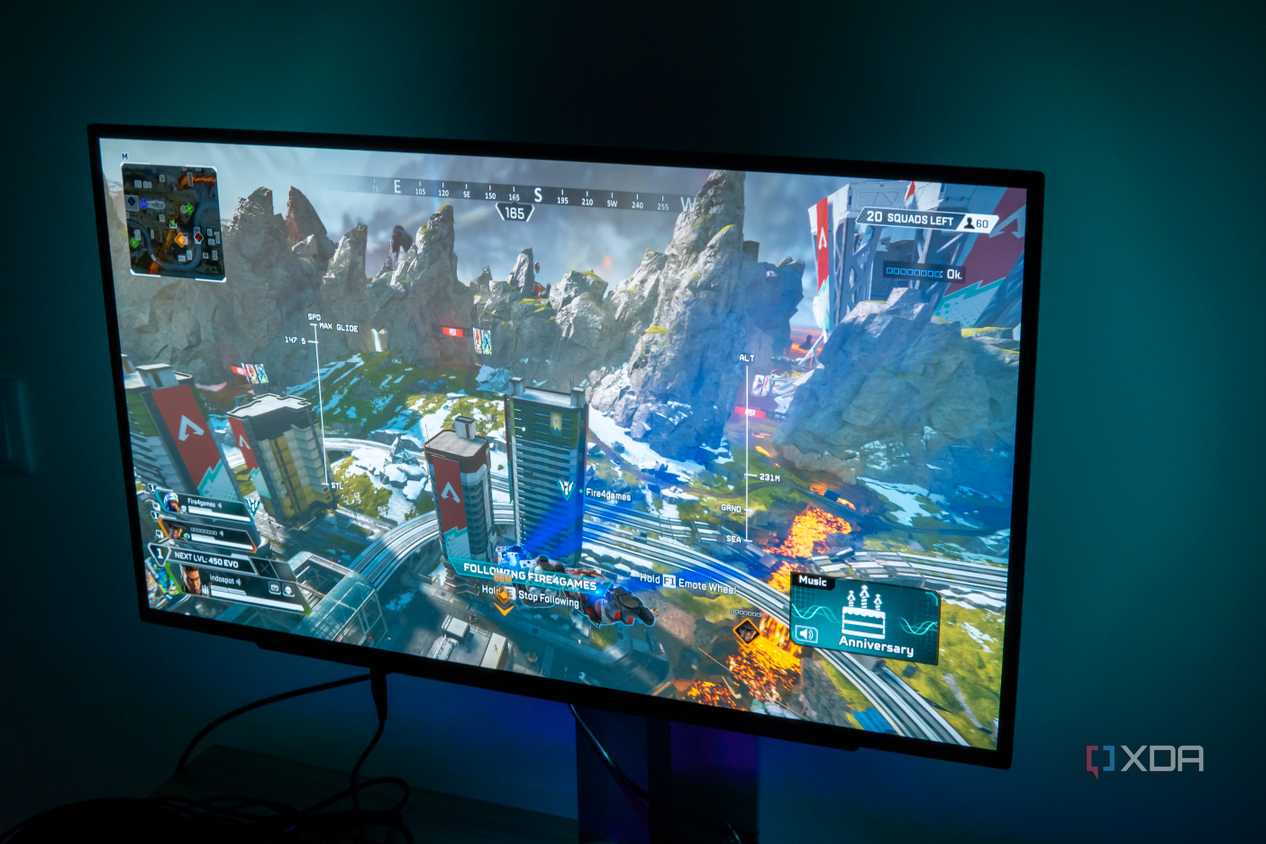 Angled view of the LG UltraGear 27GR95QE playing Apex Legends