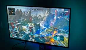 Angled view of the LG UltraGear 27GR95QE playing Apex Legends