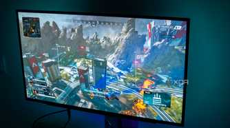 Angled view of the LG UltraGear 27GR95QE playing Apex Legends
