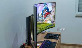 Side view of the LG UltraGear 45GR95QE with RGB lighting and running Apex Legends