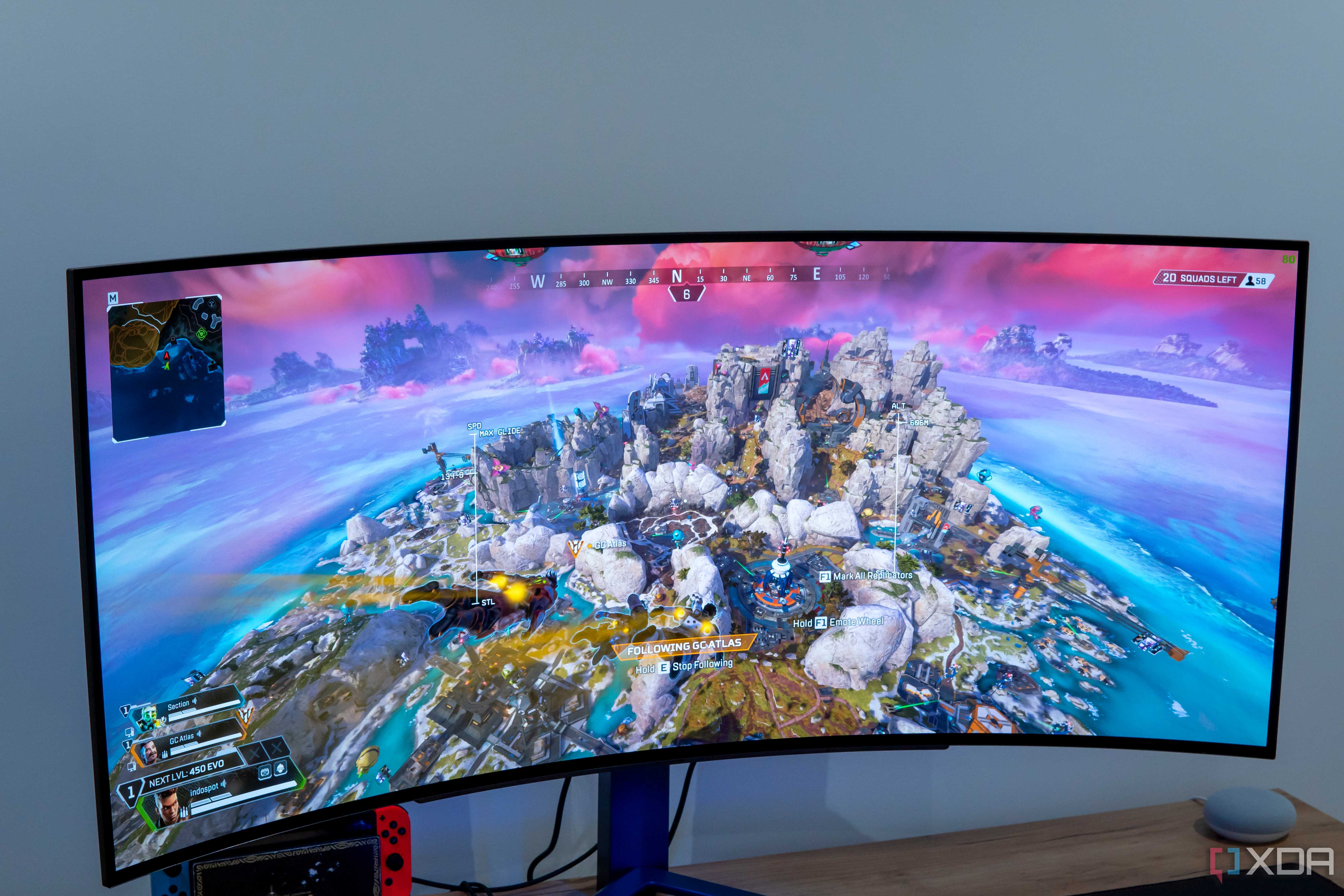 Front view of the LG UltraGear 45GR95QE showing a colorful scene in Apex Legends