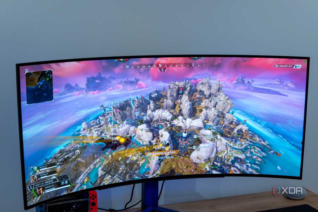 Front view of the LG UltraGear 45GR95QE showing a colorful scene in Apex Legends