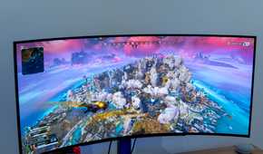 Front view of the LG UltraGear 45GR95QE showing a colorful scene in Apex Legends