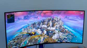Front view of the LG UltraGear 45GR95QE showing a colorful scene in Apex Legends