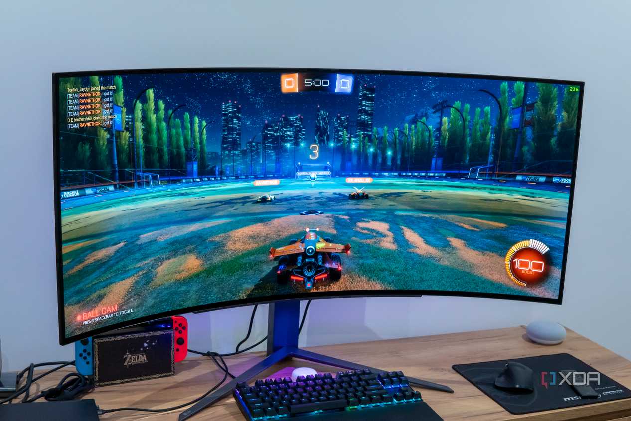 Angled front view of thew LG UltraGear 45GR95QE showing Rocket League