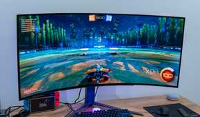 Angled front view of thew LG UltraGear 45GR95QE showing Rocket League