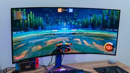 Angled front view of the LG UltraGear 45GR95QE showing Rocket League
