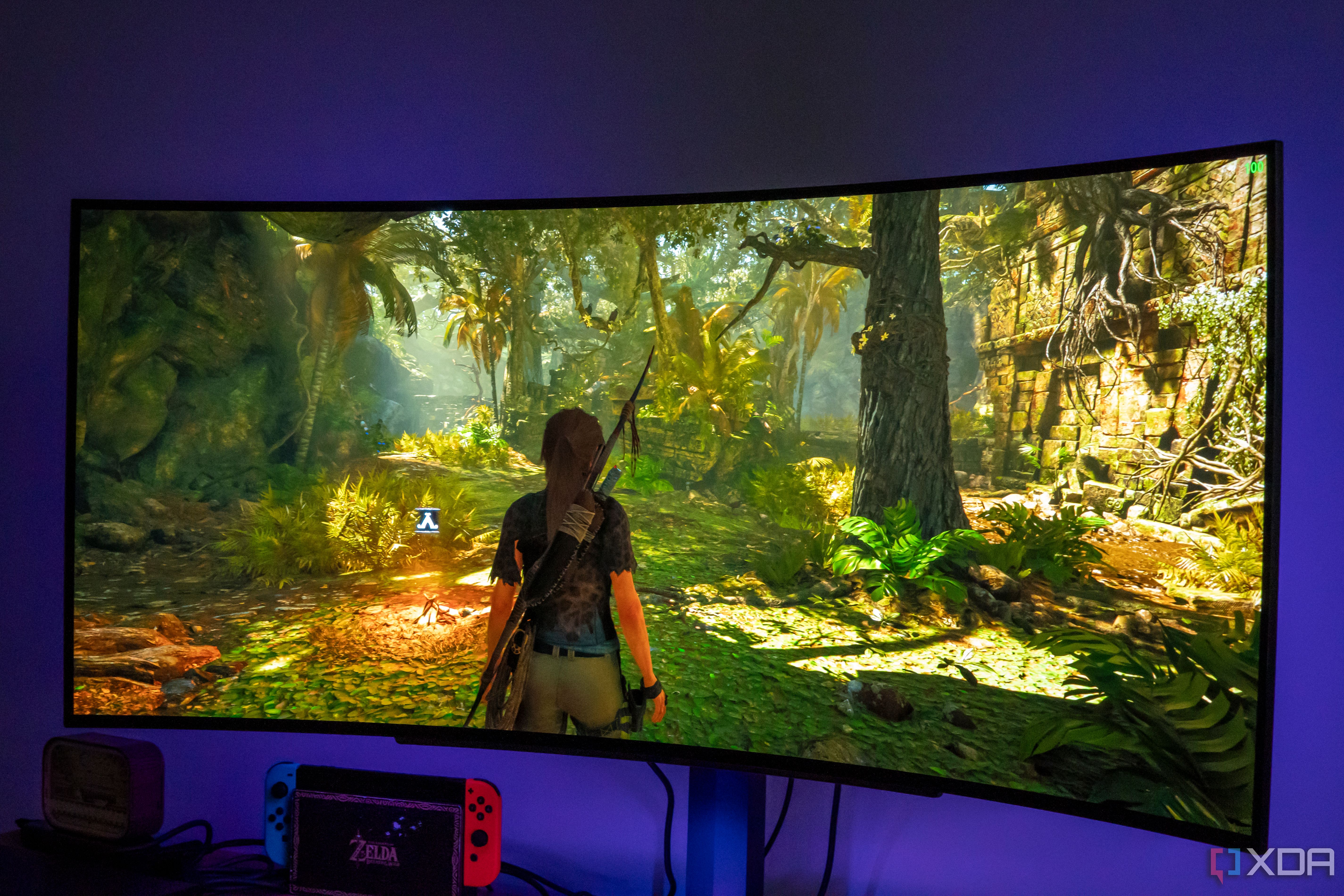 Angled front view of the LG UltraGear 45GR95QE monitor showing Shadow of Tomb Raider
