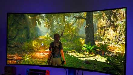 Angled front view of the LG UltraGear 45GR95QE monitor showing Shadow of Tomb Raider