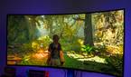 Angled front view of the LG UltraGear 45GR95QE monitor displaying Shadow of the Tomb Raider