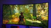 Angled front view of the LG UltraGear 45GR95QE monitor displaying Shadow of the Tomb Raider