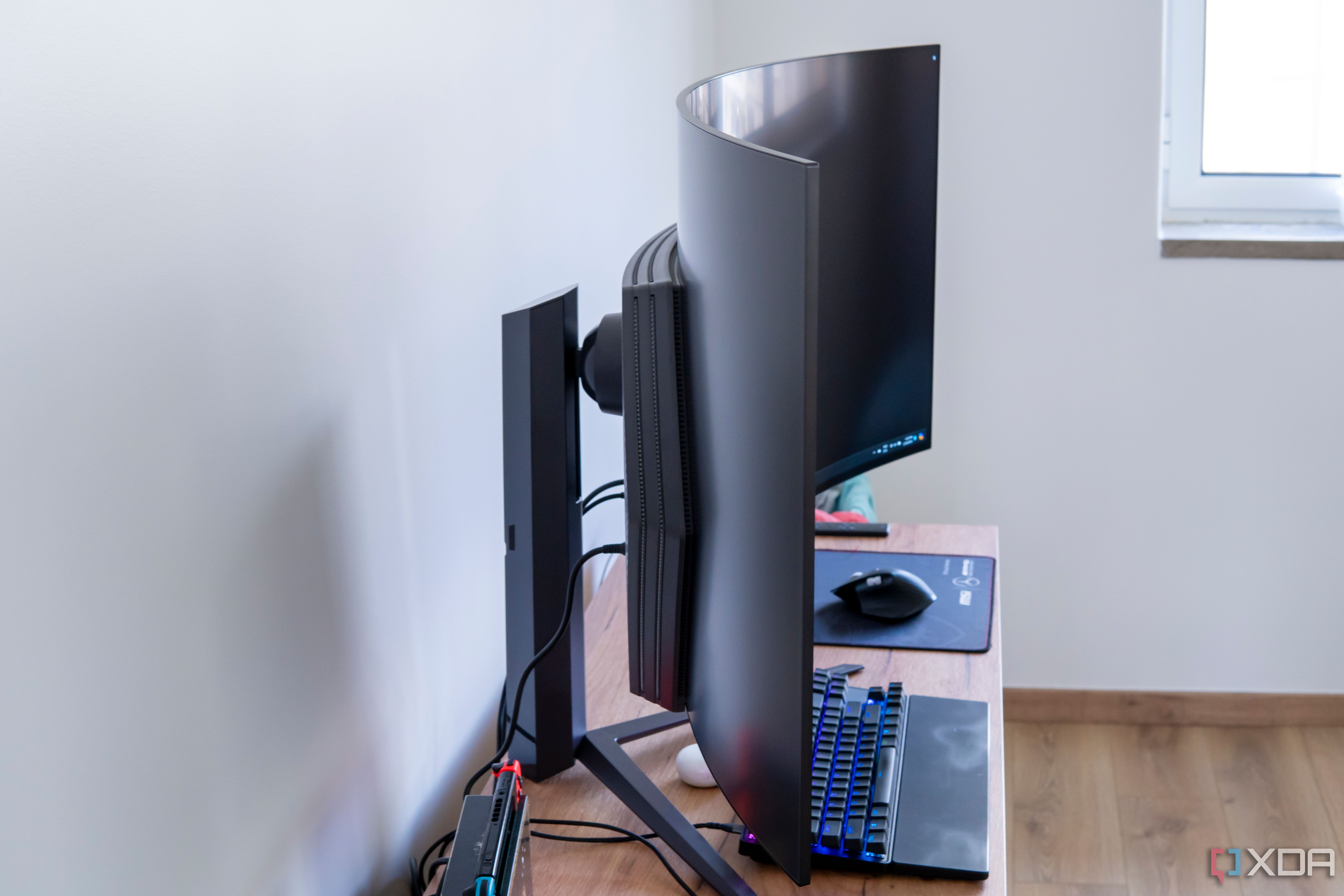 Side view of the LG Ultragear 45GR95QE in a brightly lit room with RGB off