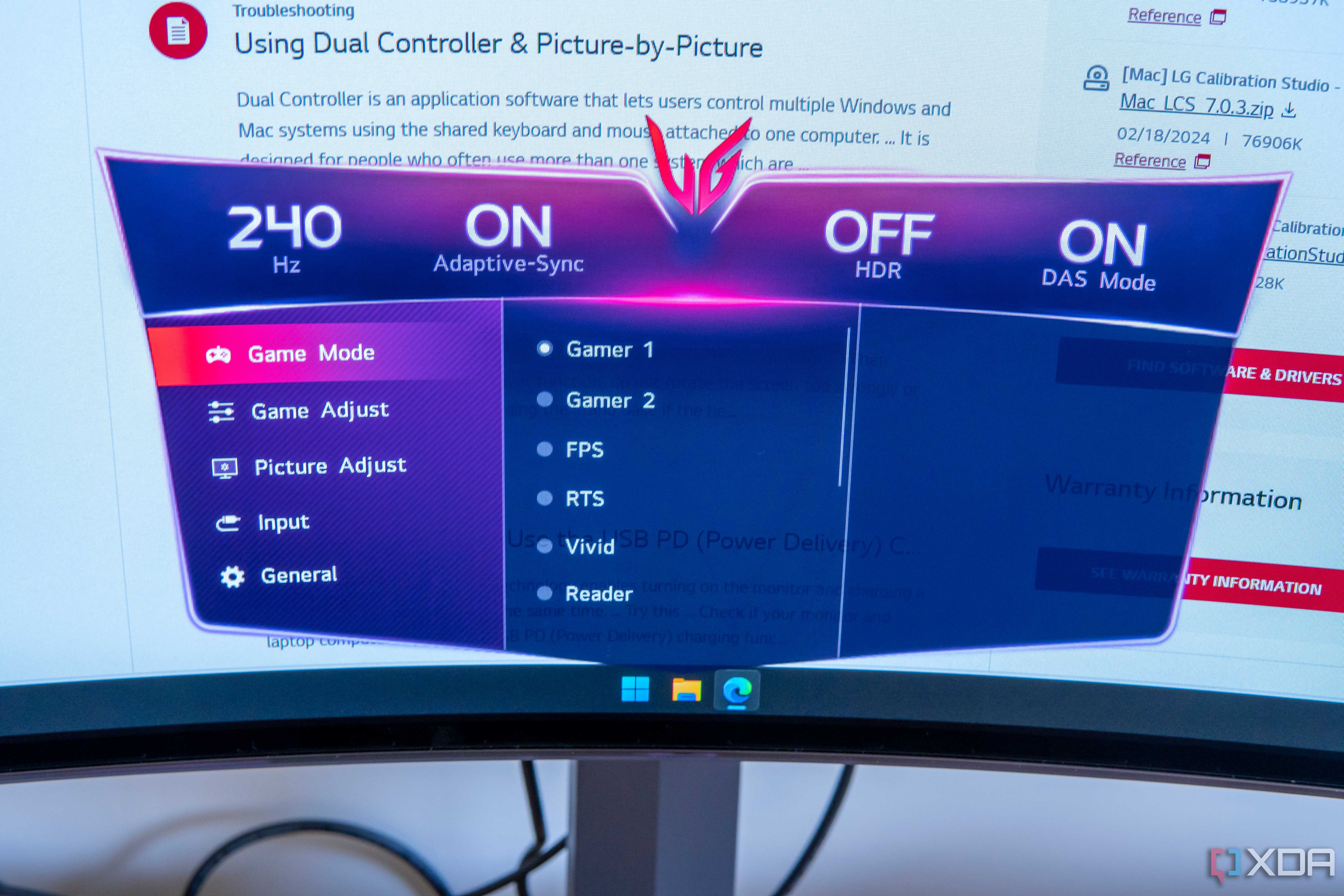Close-up of the OSD menu on the LG UltraGear 45GR95QE