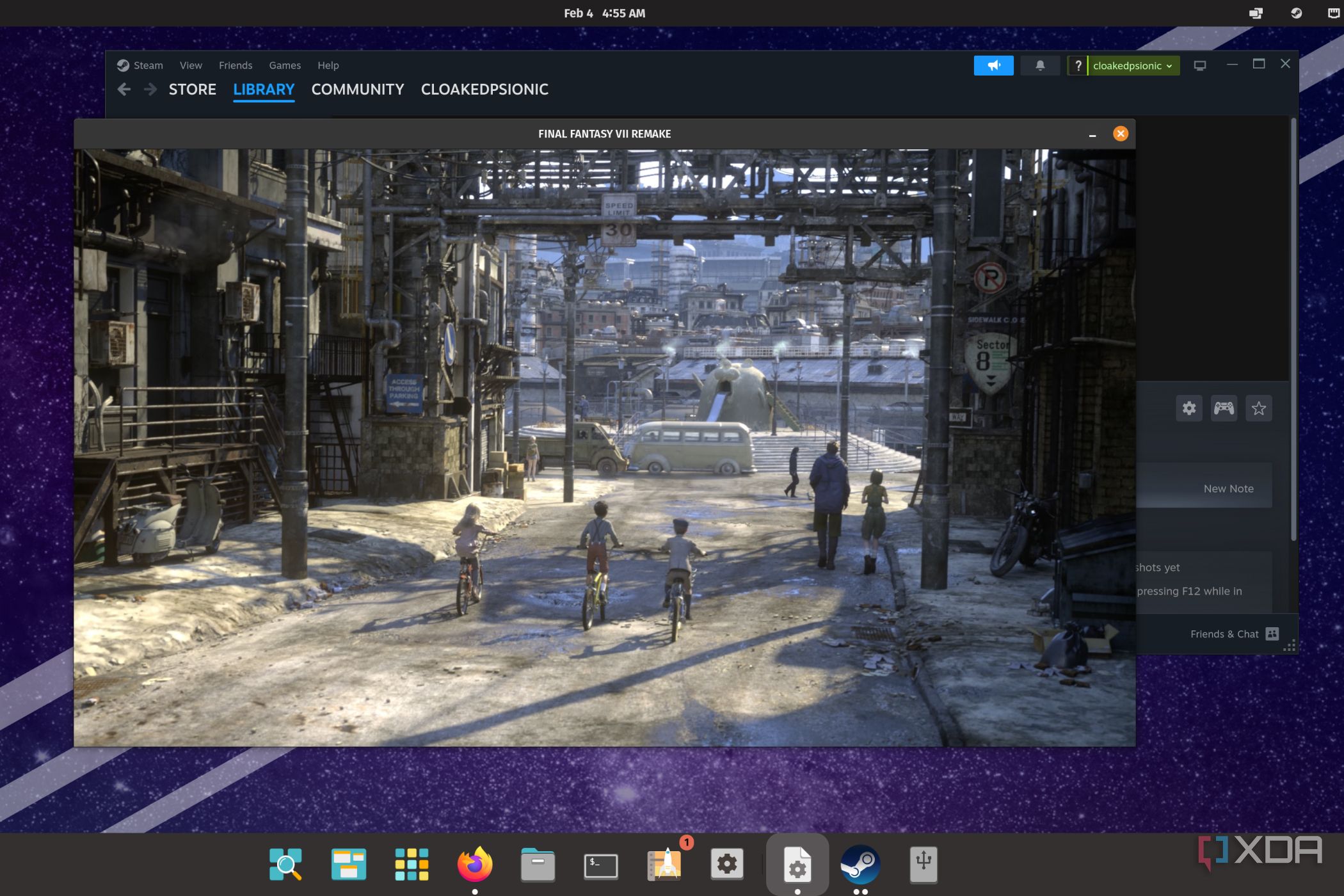 A screenshot of Final Fantasy VII Remake running on Pop_OS! using Proton