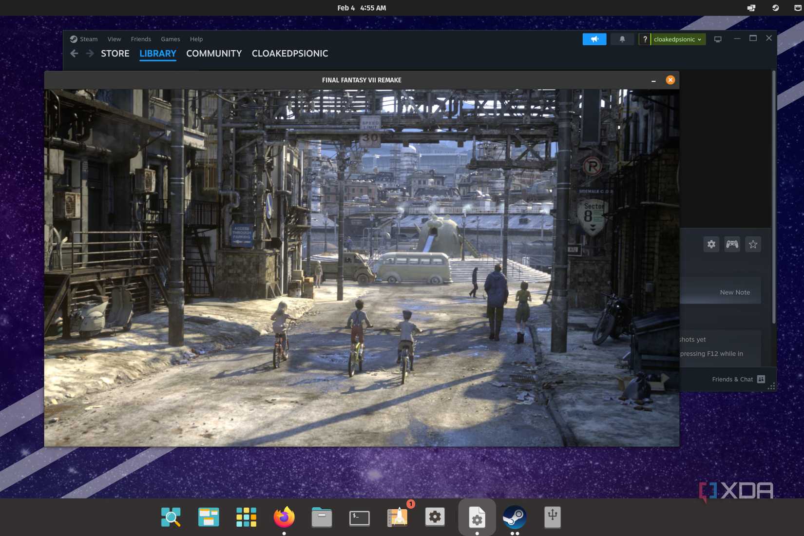 A screenshot of Final Fantasy VII Remake running on Pop_OS! using Proton