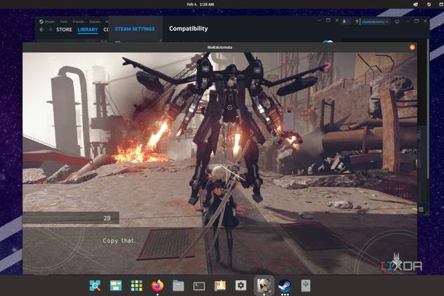 A screenshot of Nier Automata running on Linux