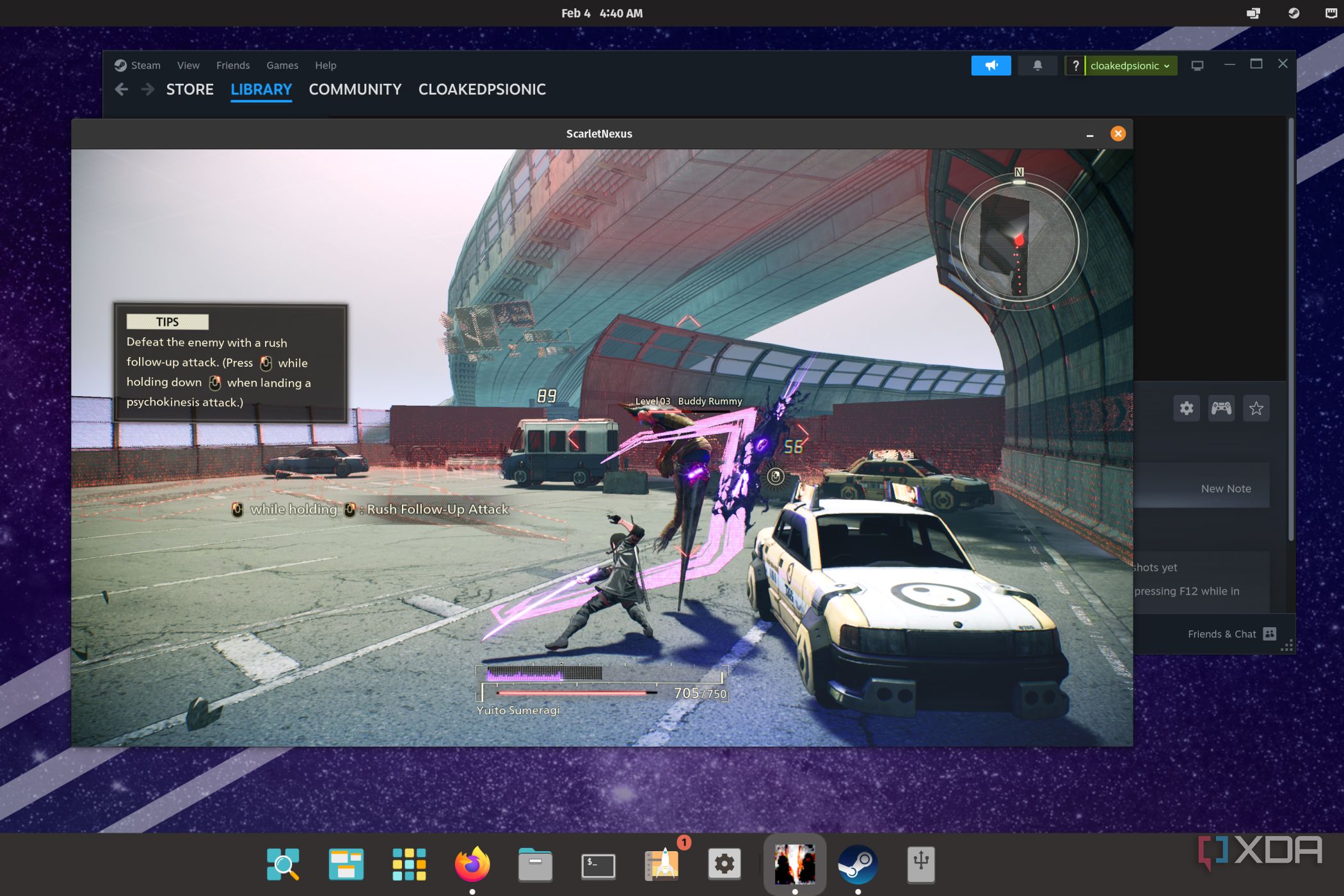 A screenshot of Scarlet Nexus running on Pop_OS! using Proton