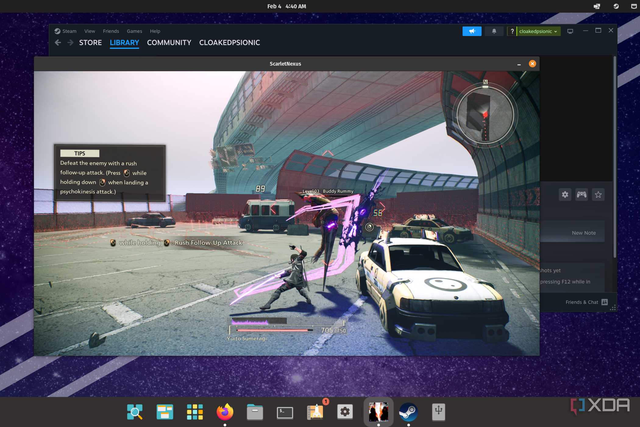 A screenshot of Scarlet Nexus running on Pop_OS! using Proton