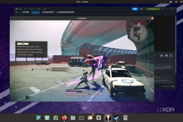 A screenshot of Scarlet Nexus running on Pop_OS! using Proton